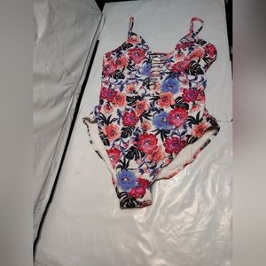 Time and tru women's floral one piece front ladder trim swimsuit size Large 12